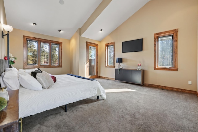 bedroom featuring carpet floors, lofted ceiling, multiple windows, and baseboards