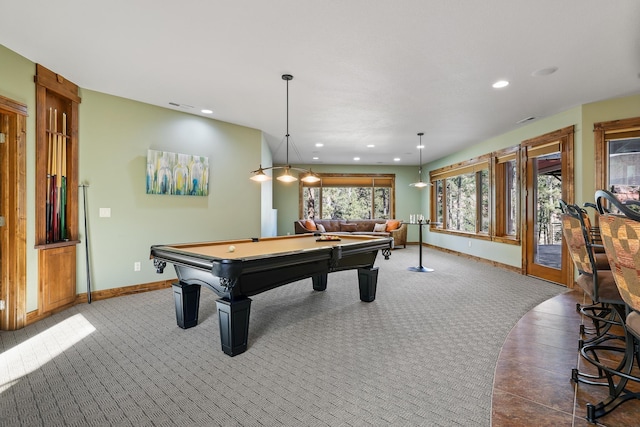 game room featuring recessed lighting, visible vents, billiards, and baseboards