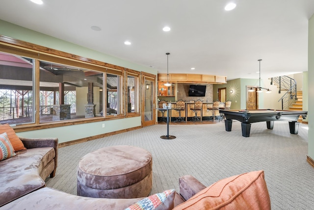 playroom featuring carpet floors, recessed lighting, pool table, and baseboards