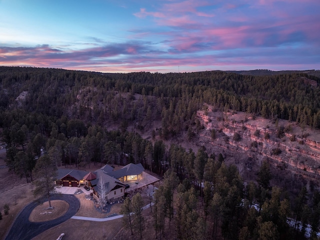 aerial view featuring a wooded view