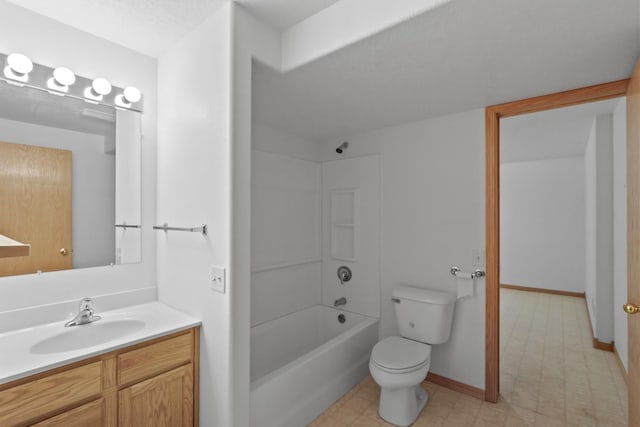 bathroom featuring baseboards, toilet, tile patterned floors, tub / shower combination, and vanity