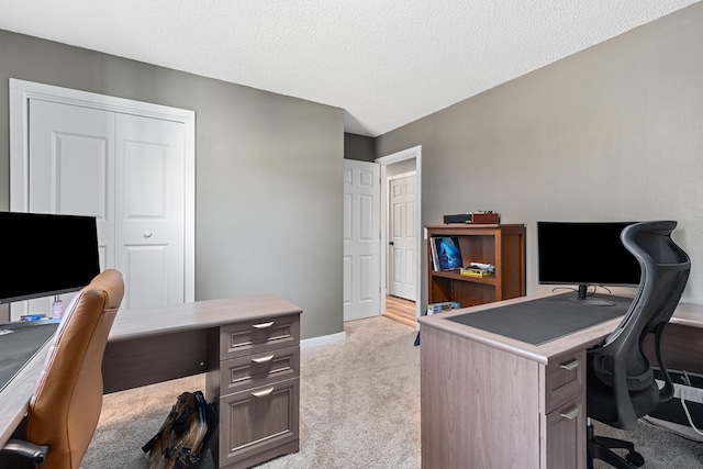 office with a textured ceiling, baseboards, and light colored carpet