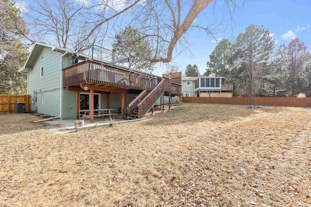 back of property featuring a patio, cooling unit, fence, stairs, and a wooden deck