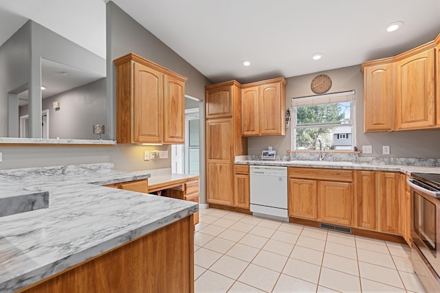 kitchen with light tile patterned floors, white dishwasher, a sink, visible vents, and stainless steel range with electric cooktop