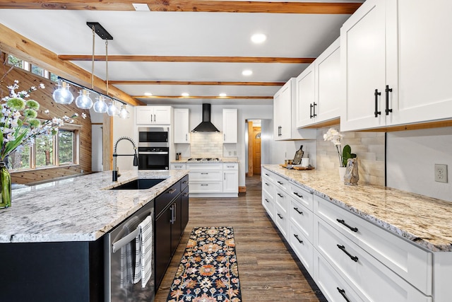 kitchen with wine cooler, a sink, beam ceiling, dark wood-style floors, and wall chimney exhaust hood