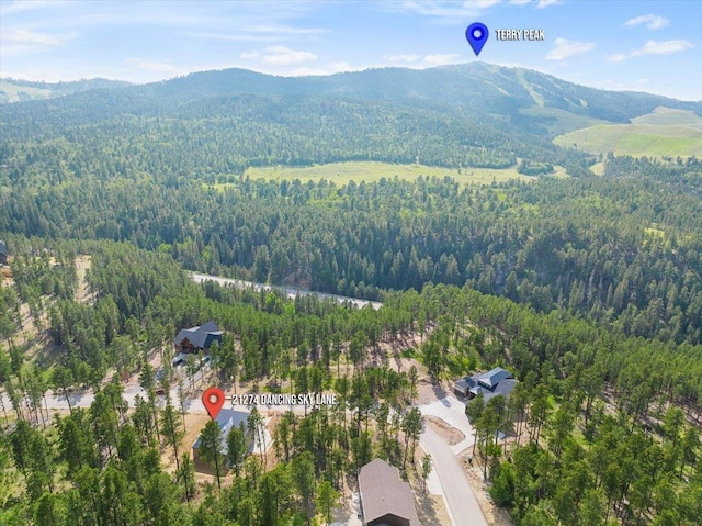 bird's eye view featuring a mountain view and a view of trees