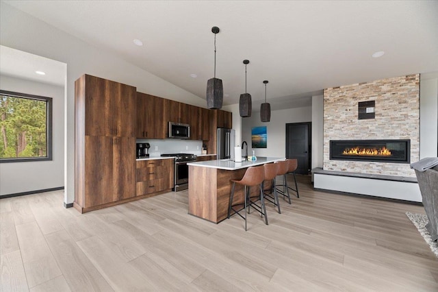 kitchen with light wood-style floors, a fireplace, appliances with stainless steel finishes, and light countertops