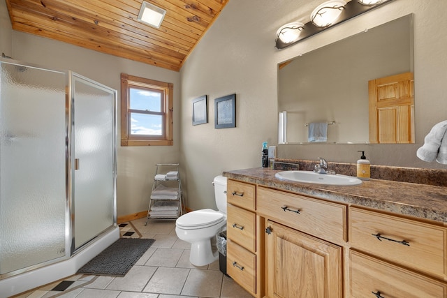 bathroom featuring a stall shower, toilet, lofted ceiling, wood ceiling, and tile patterned floors