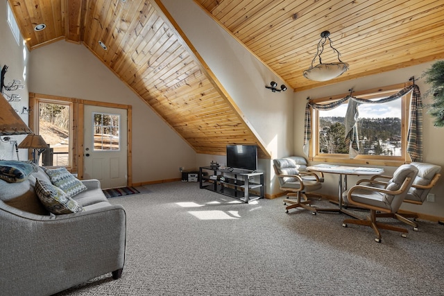 sitting room featuring high vaulted ceiling, wooden ceiling, baseboards, and carpet flooring