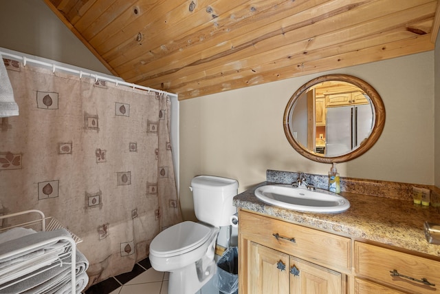 bathroom featuring toilet, wooden ceiling, tile patterned flooring, vaulted ceiling, and vanity