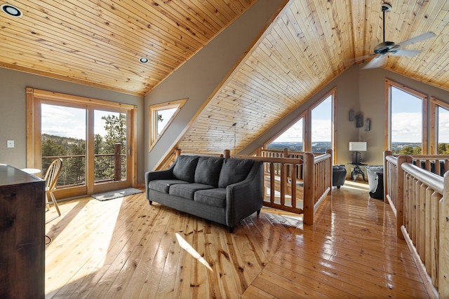 living area featuring lofted ceiling, wood ceiling, and hardwood / wood-style flooring