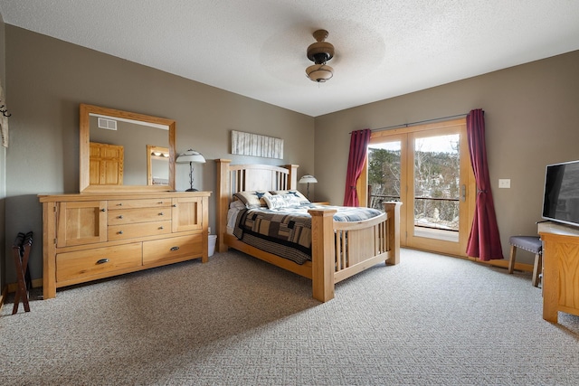 carpeted bedroom with baseboards, visible vents, a ceiling fan, access to outside, and a textured ceiling