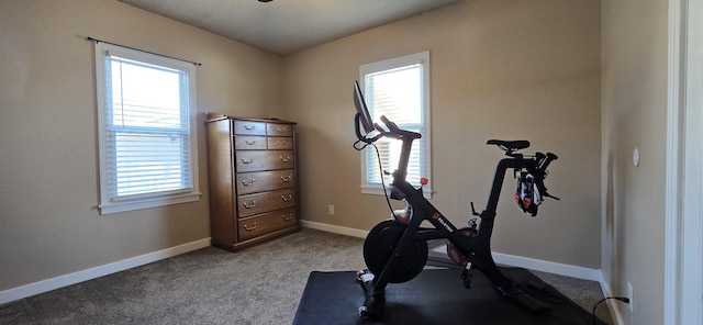 workout area with carpet flooring and baseboards