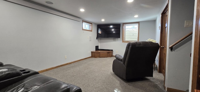 cinema room with recessed lighting, carpet flooring, and baseboards