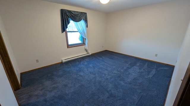 unfurnished room featuring baseboard heating, dark carpet, and baseboards