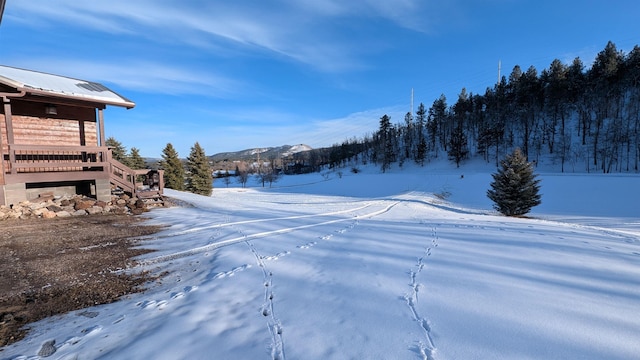 yard layered in snow featuring a mountain view