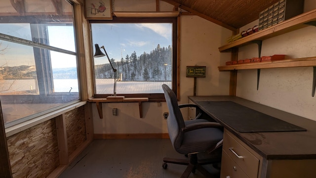 unfurnished office featuring vaulted ceiling