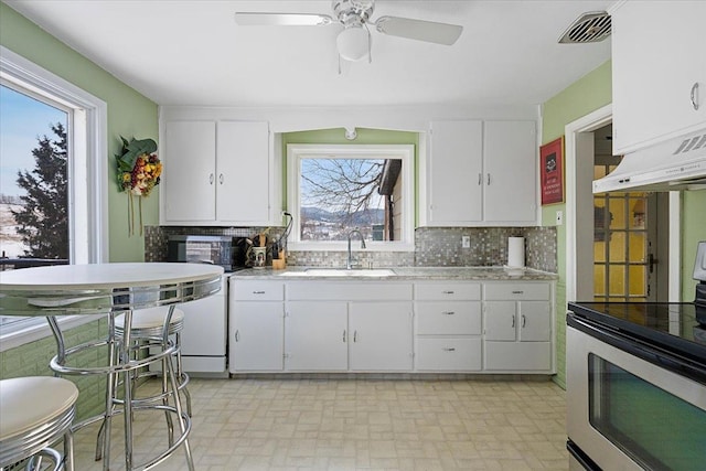 kitchen featuring white cabinets, visible vents, a sink, and stainless steel electric stove