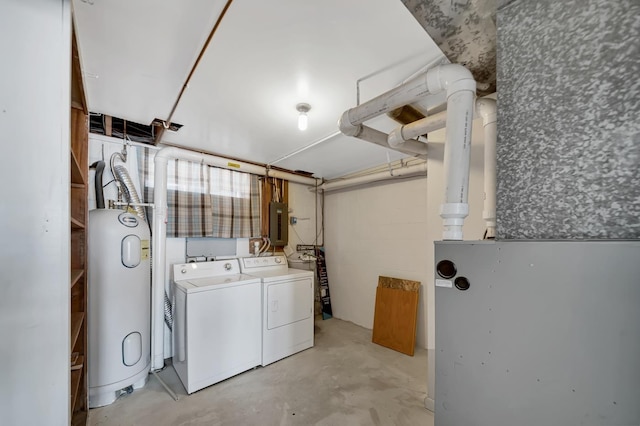 laundry room with electric panel, independent washer and dryer, water heater, and laundry area