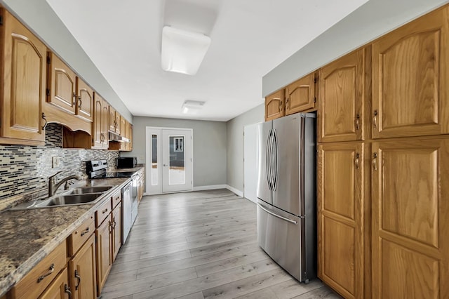 kitchen with under cabinet range hood, a sink, backsplash, light wood-style floors, and appliances with stainless steel finishes