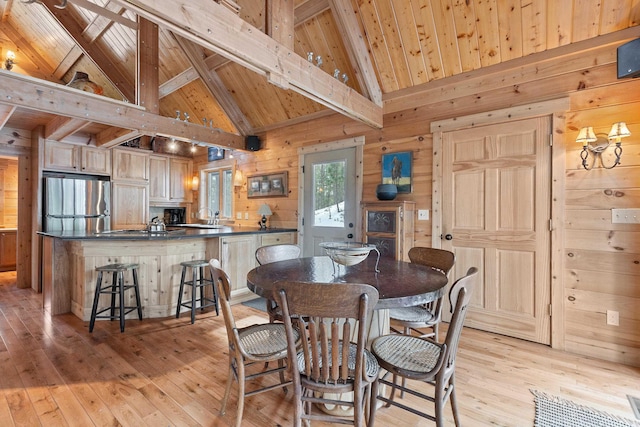 dining area featuring light wood finished floors, wooden walls, beamed ceiling, wooden ceiling, and high vaulted ceiling