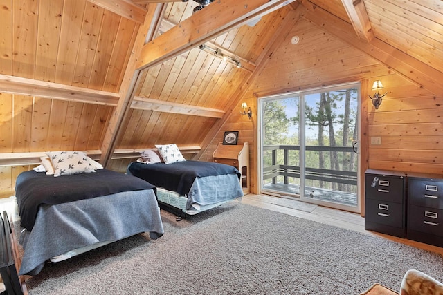 bedroom with wooden walls, wood ceiling, vaulted ceiling with beams, and access to outside