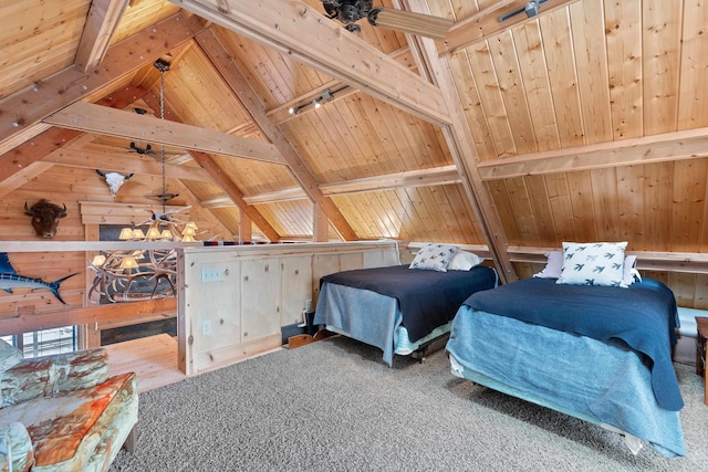 carpeted bedroom featuring lofted ceiling with beams, wood ceiling, and wood walls