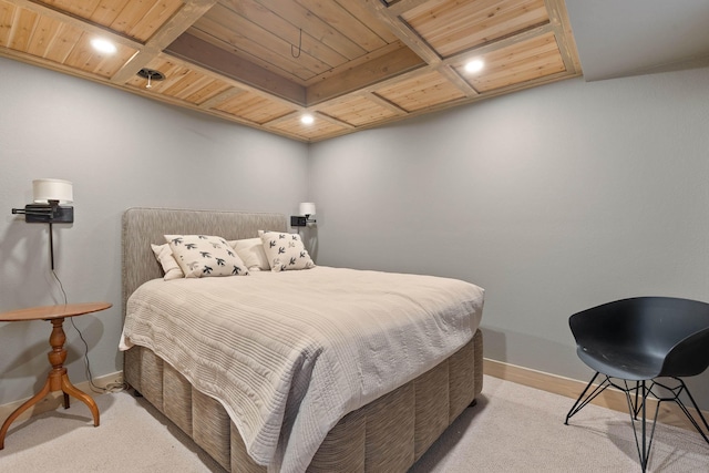 bedroom featuring beamed ceiling, recessed lighting, wooden ceiling, baseboards, and light colored carpet