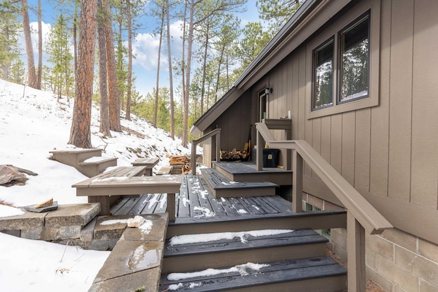 view of snow covered deck