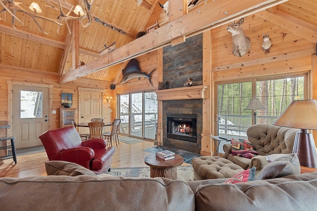 living room featuring wood finished floors, wooden walls, a fireplace with flush hearth, and wood ceiling