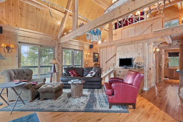 living area with beamed ceiling, wood walls, wooden ceiling, and wood-type flooring