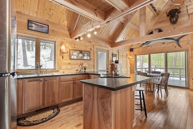 kitchen with a sink, wood ceiling, wood walls, and freestanding refrigerator