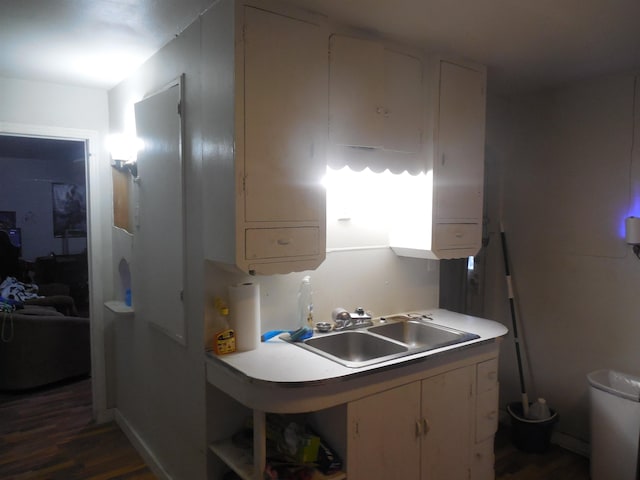 kitchen featuring a sink, white cabinetry, dark wood-type flooring, and light countertops