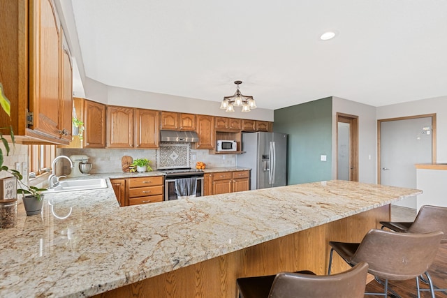 3418 Gray Fox Ct, Rapid City, SD 57701 - kitchen featuring a peninsula, a sink, stainless steel appliances, under cabinet range hood, and backsplash