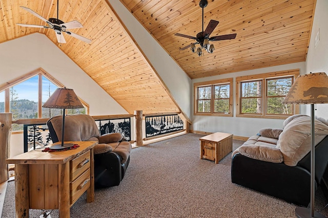 carpeted living area with visible vents, high vaulted ceiling, a ceiling fan, baseboards, and wood ceiling