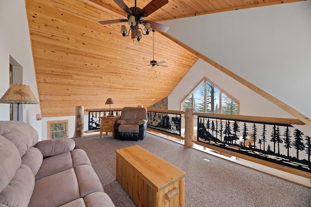 carpeted living area with wooden ceiling, wooden walls, a ceiling fan, and high vaulted ceiling