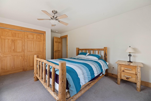 bedroom with baseboards, ceiling fan, and carpet floors