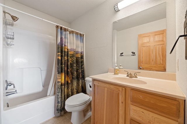 full bath featuring tile patterned floors, toilet, vanity, and shower / bathtub combination with curtain