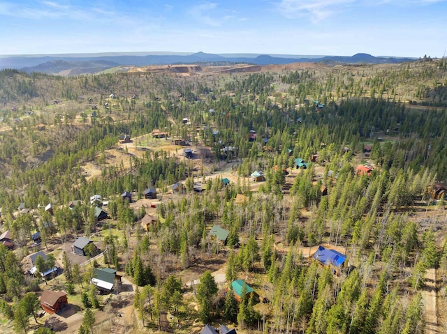 drone / aerial view featuring a mountain view and a view of trees