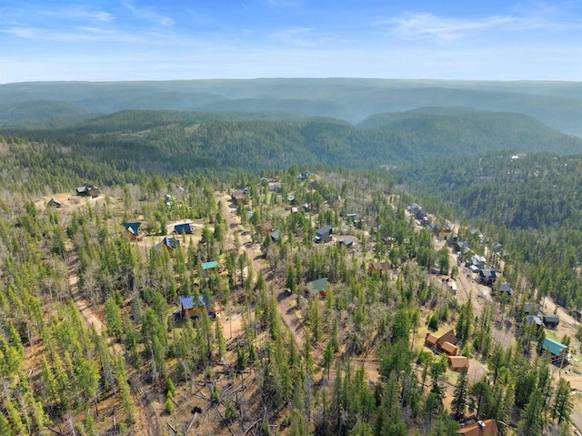 birds eye view of property featuring a mountain view and a view of trees