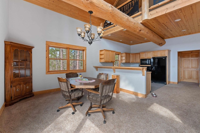 dining area featuring beamed ceiling, light carpet, a notable chandelier, and wood ceiling