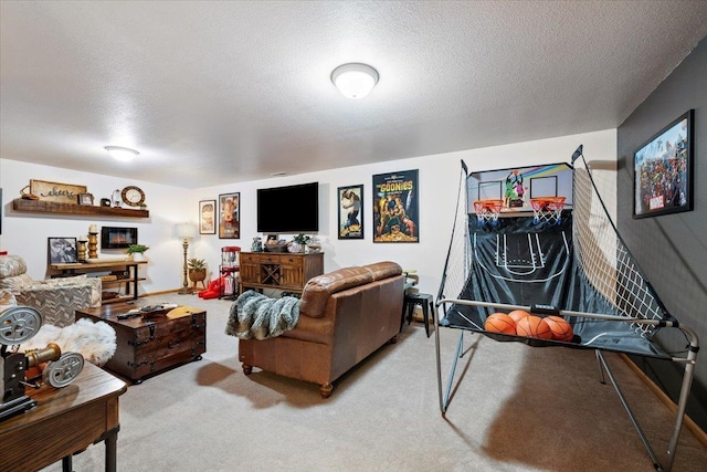 living room with light colored carpet and a textured ceiling