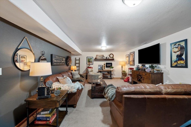 carpeted living room with a textured ceiling