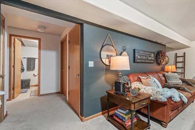 living room with light colored carpet and baseboards