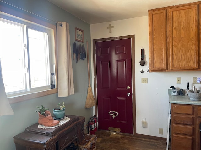 interior space with dark wood-type flooring and baseboards