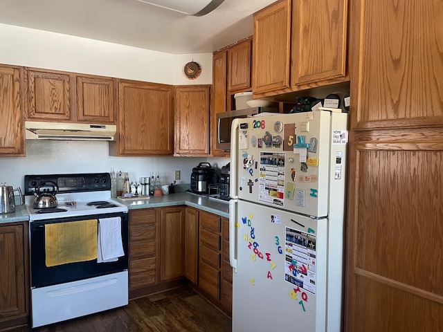 kitchen with under cabinet range hood, brown cabinetry, freestanding refrigerator, and range with electric cooktop