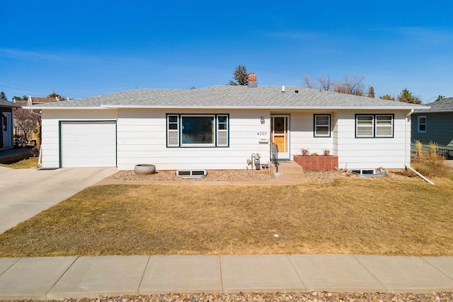 ranch-style home with driveway, a front yard, a garage, and a shingled roof