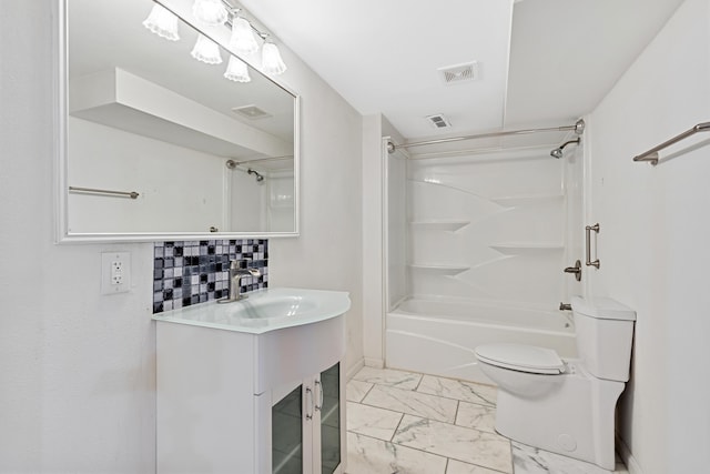 bathroom with visible vents, toilet, marble finish floor, and bathtub / shower combination