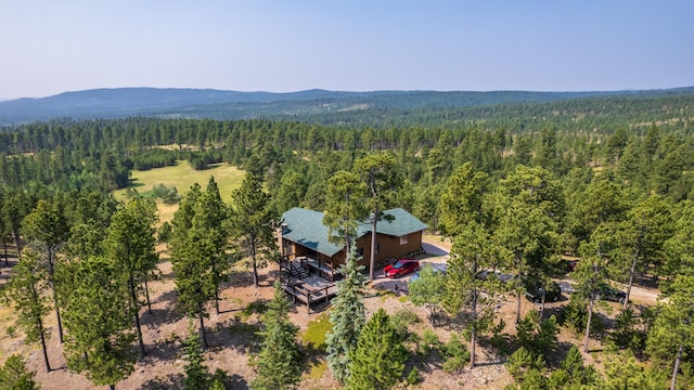 drone / aerial view featuring a mountain view and a wooded view