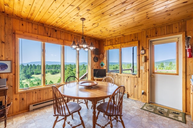 dining area featuring a baseboard heating unit, wooden ceiling, wooden walls, and a notable chandelier